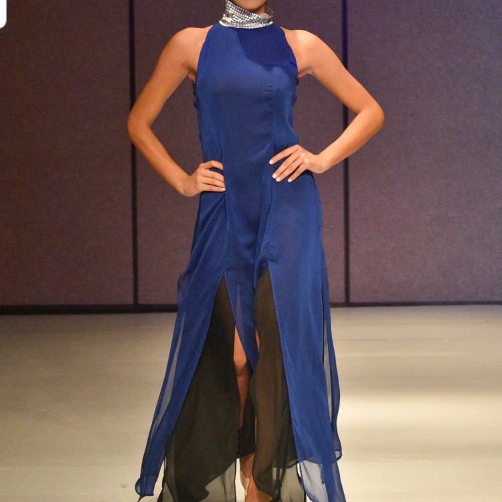 Metallic blue Silk Dress tudor Neck